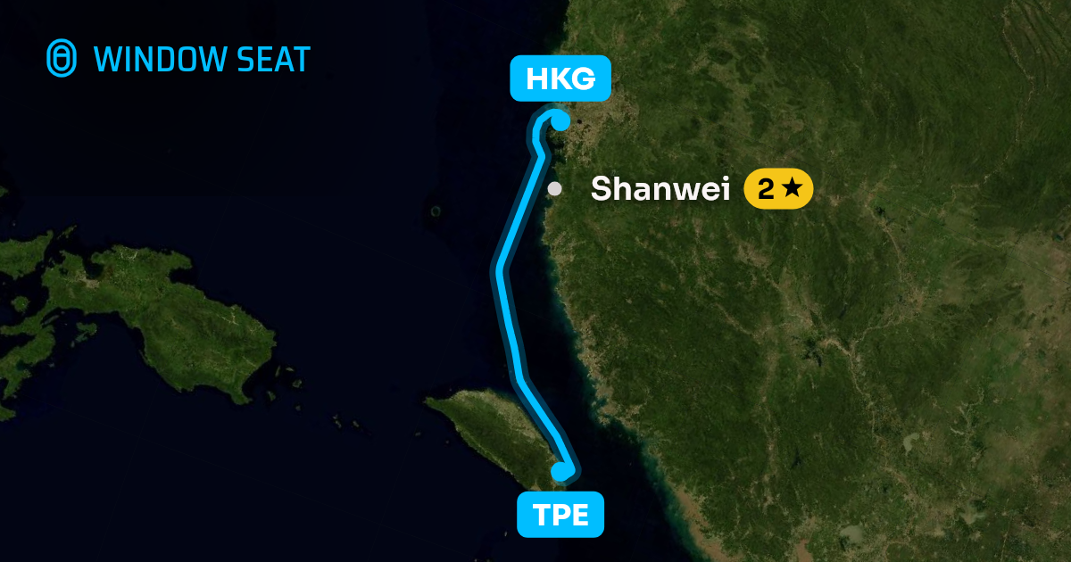 Map of the Taipei to Hong Kong flight path with its landmarks on each side