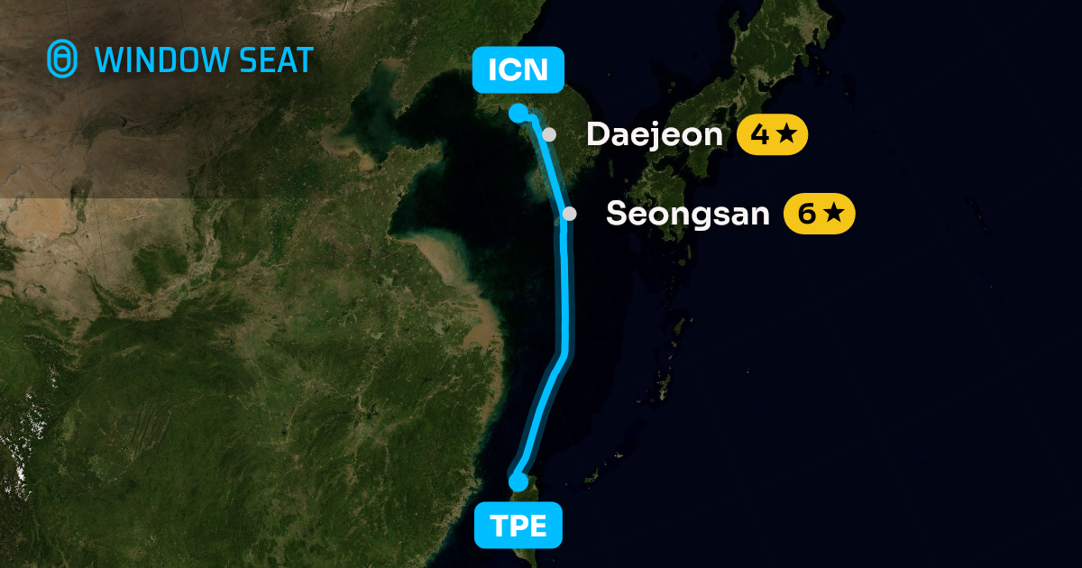 Map of the Taipei to Seoul flight path with its landmarks on each side