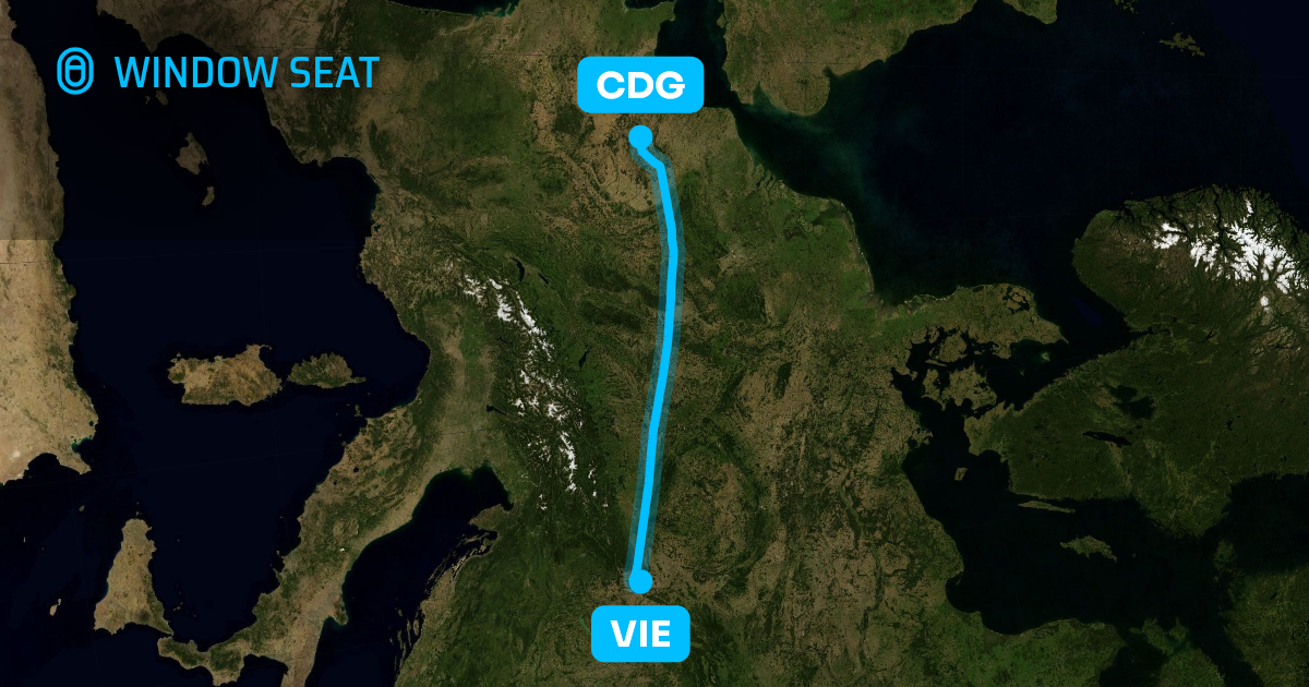 Map of the Vienna to Paris flight path with its landmarks on each side