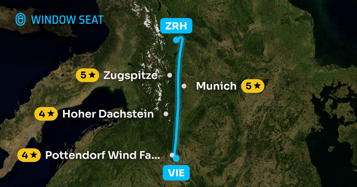 Map of the Vienna to Zurich flight path with its landmarks on each side
