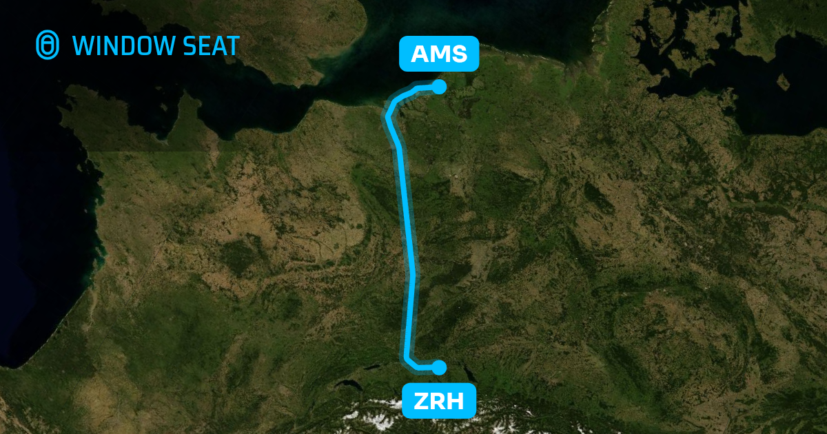Map of the Zurich to Amsterdam flight path with its landmarks on each side