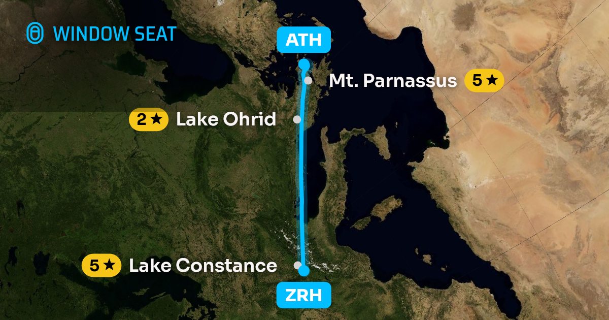 Map of the Zurich to Athens flight path with its landmarks on each side