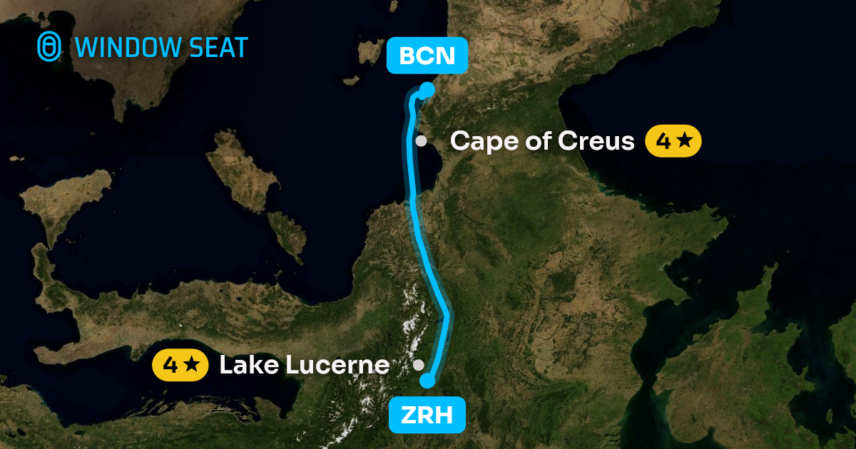Map of the Zurich to Barcelona flight path with its landmarks on each side