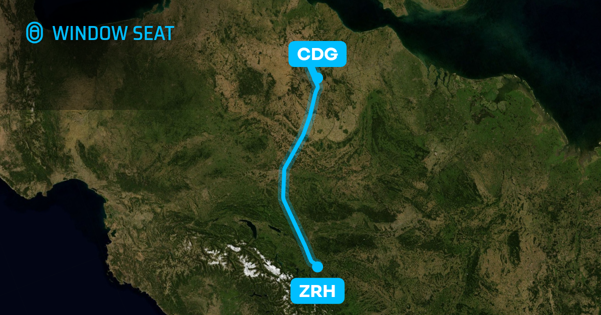 Map of the Zurich to Paris flight path with its landmarks on each side