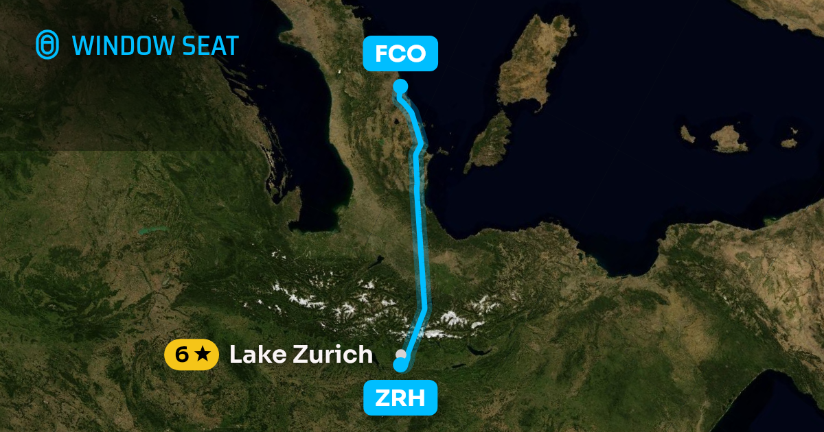 Map of the Zurich to Rome flight path with its landmarks on each side