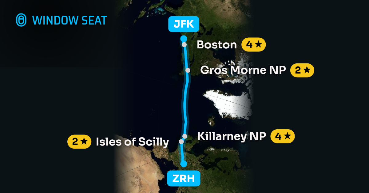 Map of the Zurich to New York flight path with its landmarks on each side