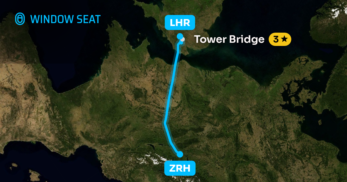 Map of the Zurich to London flight path with its landmarks on each side
