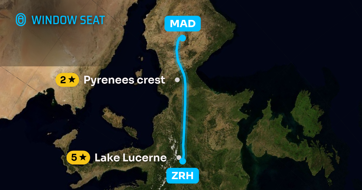 Map of the Zurich to Madrid flight path with its landmarks on each side