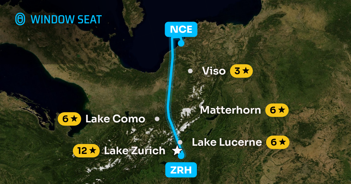 Map of the Zurich to Nice flight path with its landmarks on each side