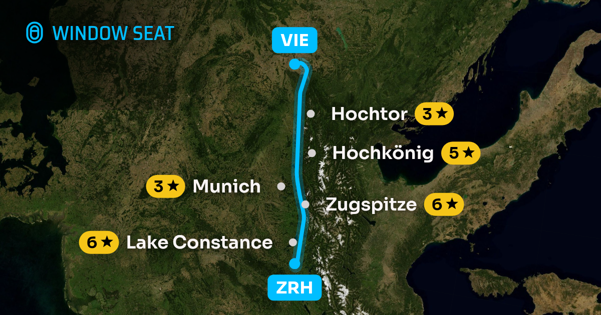 Map of the Zurich to Vienna flight path with its landmarks on each side